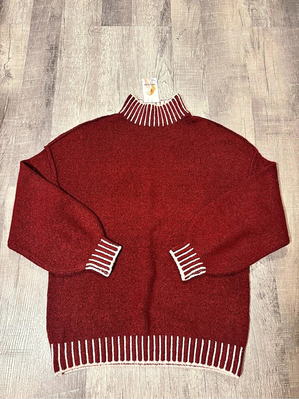 PrettyGarden Womens M Burgundy White Mock Neck Striped Ribbed Pullover Sweater